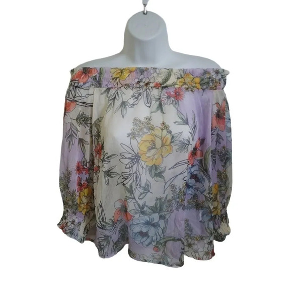 Italian Off-The-Shoulder  Sheer Floral Blouse, S - Picture 1 of 9